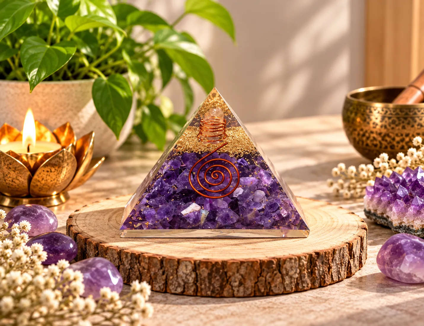Amethyst Orgonite Pyramid for Peace, Intuition & Clarity