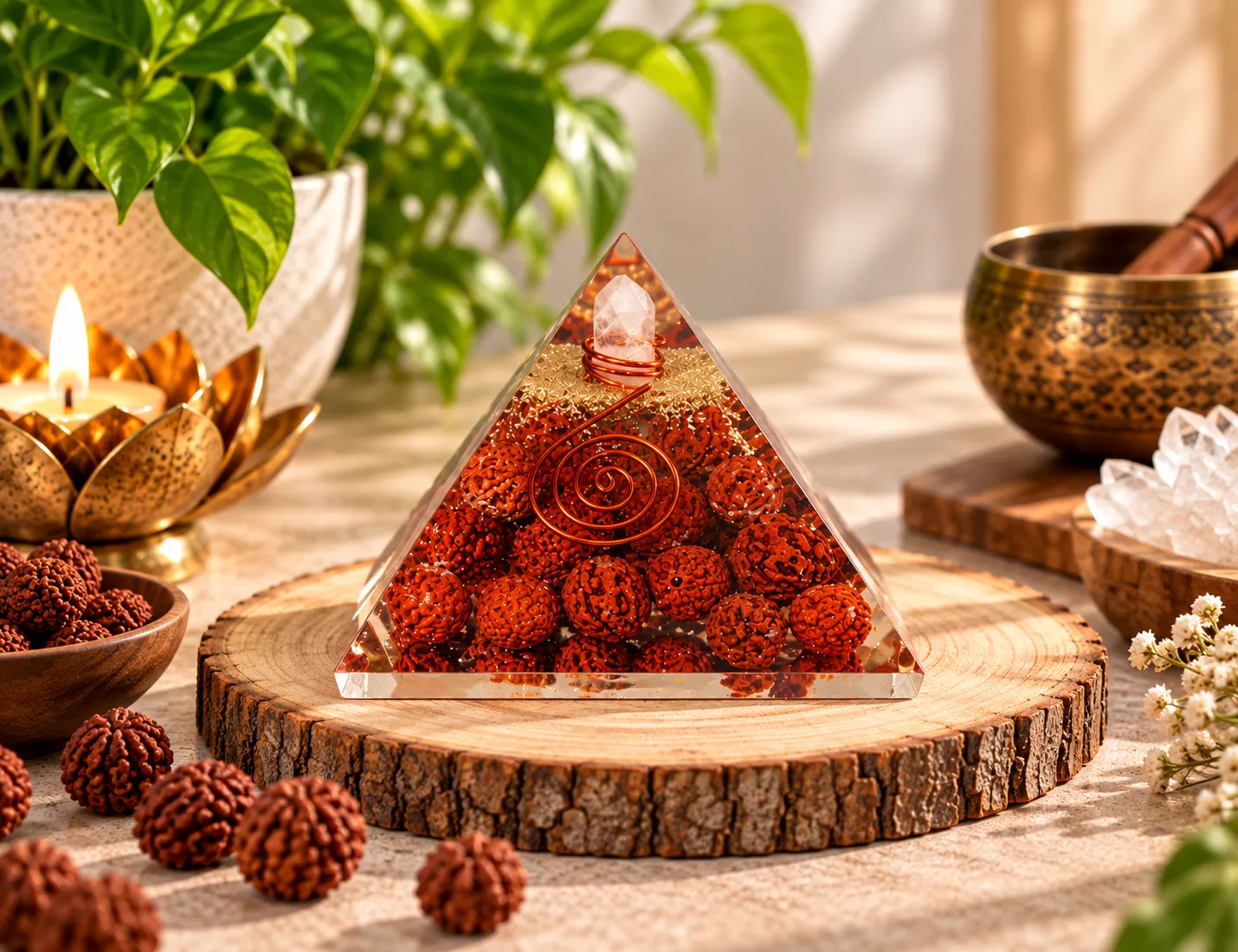Rudraksha Orgonite Pyramid for Protection, Peace & Focus