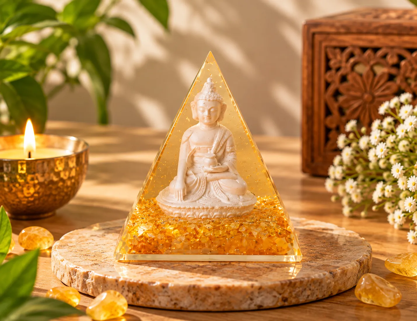 Buddha Yellow Pyramid for Wisdom, Joy & Positive Energy